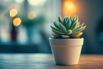 Small succulent plant in a white pot on a wooden table, bokeh background.
