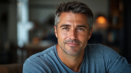 Obraz premium A close-up portrait of a handsome man with short, neatly styled hair and a slight smile, wearing a casual shirt in soft, natural light.