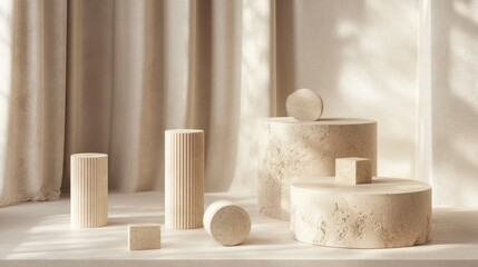 A set of elegant beige podiums featuring geometric cylindrical and cube shapes, set against a minimalistic background, perfect for showcasing products
