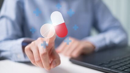 Healthcare worker doctor physician holding pill and capsule medicine prescription concept