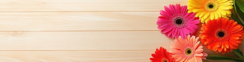 Colorful gerbera daisies on light wooden background.