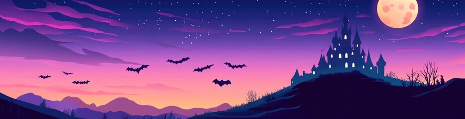 Halloween night scene with bats flying over a spooky castle on a hill under a full moon and purple sky.