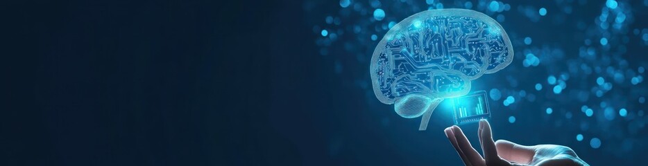 Hand holding a glowing digital brain hologram.