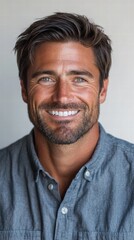Obraz premium A close-up portrait of a man with a trimmed beard and a warm smile, wearing a button-down shirt and standing against a white background.