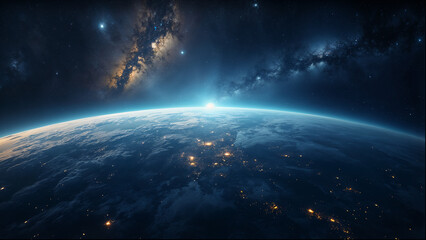 Earth view from space at sunrise, with glowing city lights and the Milky Way stretching across the sky