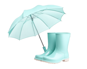 pair of pastel blue rain boots with matching umbrella, perfect for rainy day. stylish combination adds cheerful touch to wet weather
