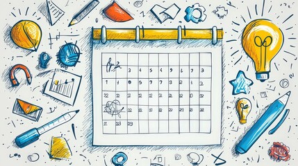 A vector illustration of a doodle-style wall calendar template with blank spaces for notes, clipart symbols for events, and a creative hand-drawn touch.