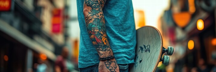 Obraz premium Close-up of the tattoo on a man's forearm as he holds a skateboard, showing the intricate details of the tattoo design.