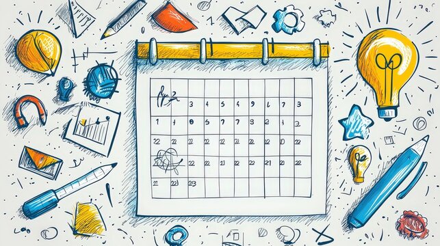 A vector illustration of a doodle-style wall calendar template with blank spaces for notes, clipart symbols for events, and a creative hand-drawn touch.