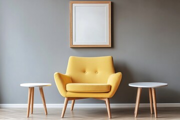 Fototapeta premium Yellow armchair with side tables and blank frame on gray wall.