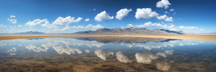 Serene Desert Lake Reflecting Mountains and Clouds