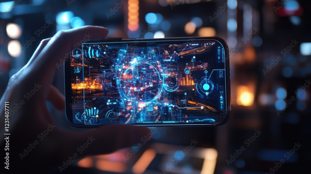 Poster a smartphone with augmented reality features displayed overlaid onto the real-world surroundings, de