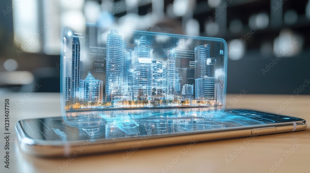 Poster A smartphone with augmented reality features displayed overlaid onto the real-world surroundings, demonstrating the powerful fusion of virtual and physical elements