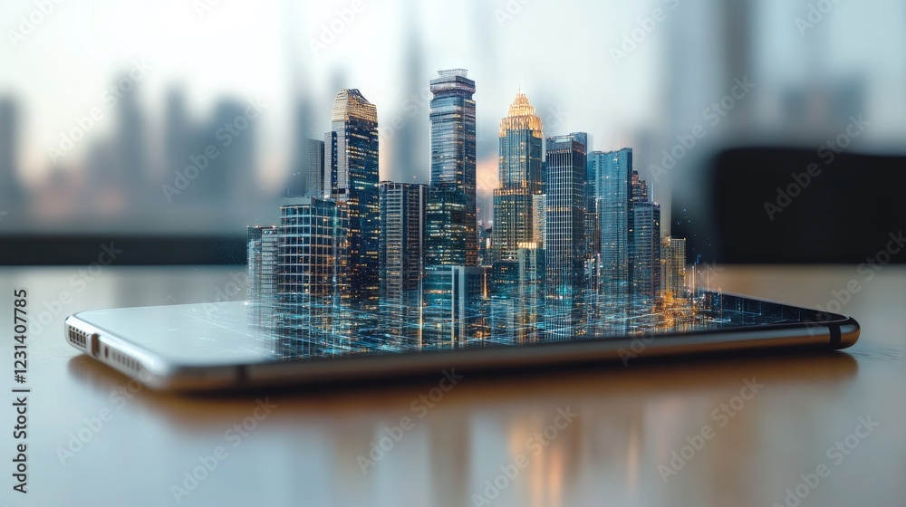 Poster A smartphone with augmented reality features displayed overlaid onto the real-world surroundings, demonstrating the powerful fusion of virtual and physical elements