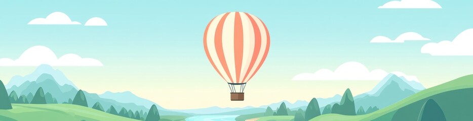 Fototapeta premium Hot air balloon soaring over a picturesque landscape with mountains, river, and lush green fields under a bright sky.