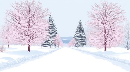 Fototapeta premium A snowy path flanked by pink-flowering trees and evergreens in winter