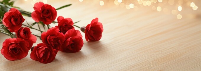 Red carnations bouquet on wooden surface with bokeh background.