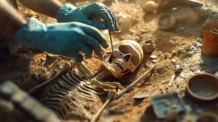 Archaeologist brushing dirt off ancient human skeleton at dig site.