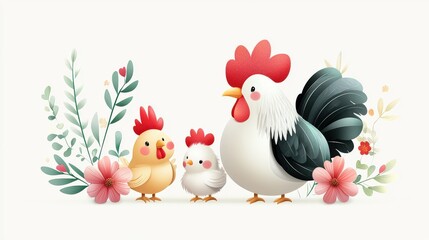 Adorable flat-style illustration of a chicken family, showcasing a baby chick with its protective hen and rooster on a clean background for farm themes.