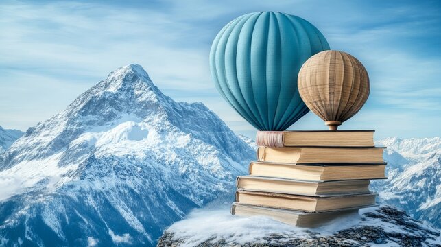 Two miniature hot air balloons perched atop a stack of books overlooking a snow-capped mountain range