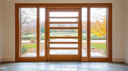 Modern wooden entry door, autumn garden view, home interior, real estate