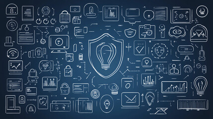 Cybersecurity Shield: Line Icons for Digital Protection. White Vector Graphics. Editable Stroke. key