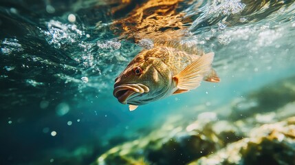 Obraz premium A stunning moment of a grouper fish diving into clear water, with its body partially above the water surface, highlighting motion and natural beauty