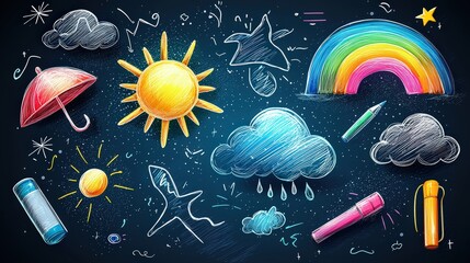 Chalkboard backdrop with a set of crayon-drawn sun, clouds, rain, and rainbow icons in vibrant colors. A whimsical and textural take on weather elements.