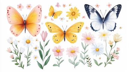 Groovy butterfly, daisy, and flower stickers with a 60s-70s hippie vibe. Floral, romantic designs in trendy yellow and pink colors for a cute retro style.