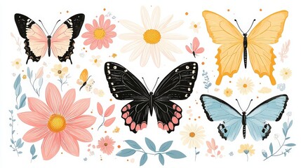 Groovy butterfly, daisy, and flower stickers with a 60s-70s hippie vibe. Floral, romantic designs in trendy yellow and pink colors for a cute retro style.