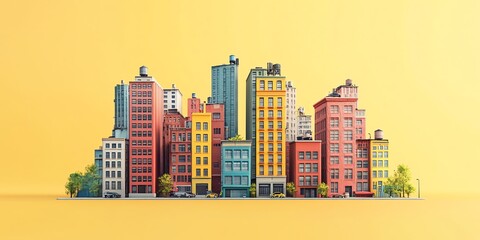 Obraz premium Stylish Y3D buildings side view on a vibrant yellow background. Perfect for urban design, ads, and creative projects. High-quality 3D isometric vector for commercial use