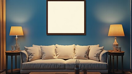 A stylish living room featuring a mock-up blank poster frame on a blue wall, with a sofa, end tables, and lamps creating a cozy and modern ambiance