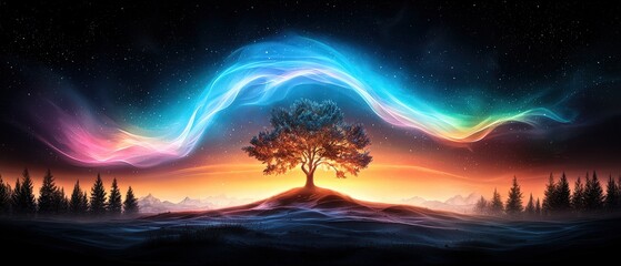 Obraz premium powerful multi lighting aurora mist in the shape of a Giant trees in the ancient worlds are extremely tall and magnificent. They can be seen as far as the eye can see, reaching as high as the sky