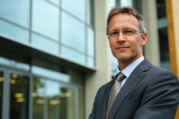 Fototapeta premium A confident businessman in a suit, standing in front of a modern office building with a slight smile, exuding professionalism.