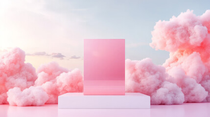 Pink dreamscape. A pastel pink background with fluffy clouds and a blank pink display stand.