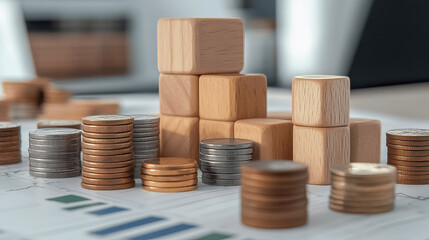 Building financial success with wooden blocks and coins in a modern workspace during a productive daytime setting. Generative AI