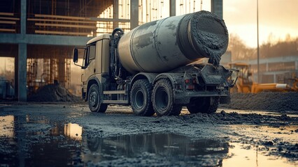 Concrete Mixer Truck at Construction Site During Sunset