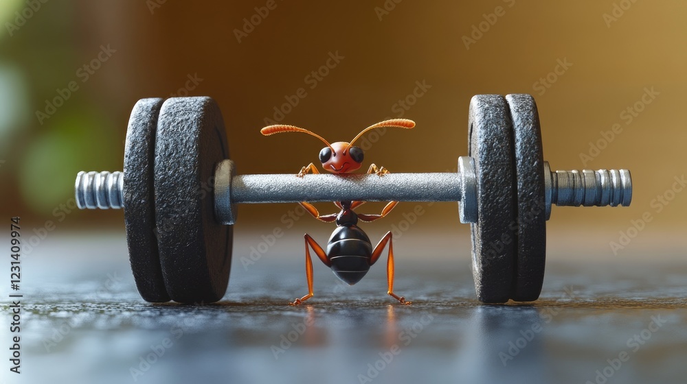 Poster a tiny ant lifting a large barbell over its head, showcasing unexpected strength and power in a humo