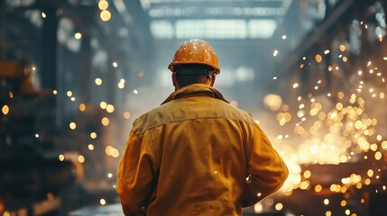 Fototapeta premium Construction foreman giving orders in an active factory setting, sparks and machinery noise surrounding him.