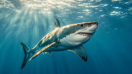 Fototapeta premium Diver descends into a stunning underwater paradise, exploring vibrant marine life as sunlight beams through clear ocean waters, creating a magical atmosphere
