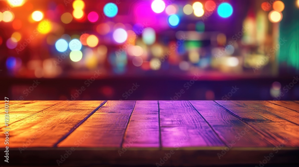 Poster A vibrant and colorful Miami bar scene with an empty wooden table for product display, surrounded by rainbow bokeh lights and a festive indoor environment