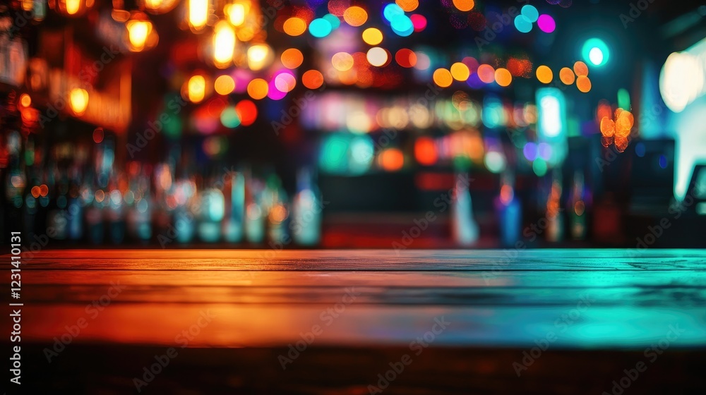 Poster A vibrant and colorful Miami bar scene with an empty wooden table for product display, surrounded by rainbow bokeh lights and a festive indoor environment