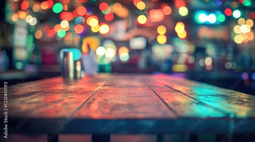 Poster A vibrant and colorful Miami bar scene with an empty wooden table for product display, surrounded by rainbow bokeh lights and a festive indoor environment