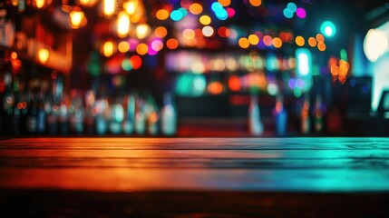 A vibrant and colorful Miami bar scene with an empty wooden table for product display, surrounded by rainbow bokeh lights and a festive indoor environment