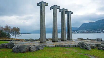 Coastal Monument Three Pillars, Fjord View, Autumn