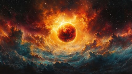 Obraz premium Cosmic Landscape of Fiery Planets and Colorful Nebulae in a Vibrant Universe