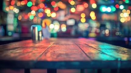A vibrant and colorful Miami bar scene with an empty wooden table for product display, surrounded by rainbow bokeh lights and a festive indoor environment