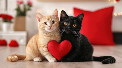 Two adorable cats, one orange and one black, cuddle together with a red heart, symbolizing love and friendship in a cozy home setting.