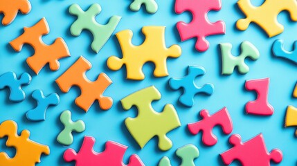 A vibrant blue background with themed colorful puzzle pieces, ideal for educational, corporate, or interactive content about problem-solving and learning