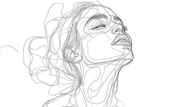 Continuous line drawing showing the facial features of a woman, showing her features with a single, discontinuous line on a white background.